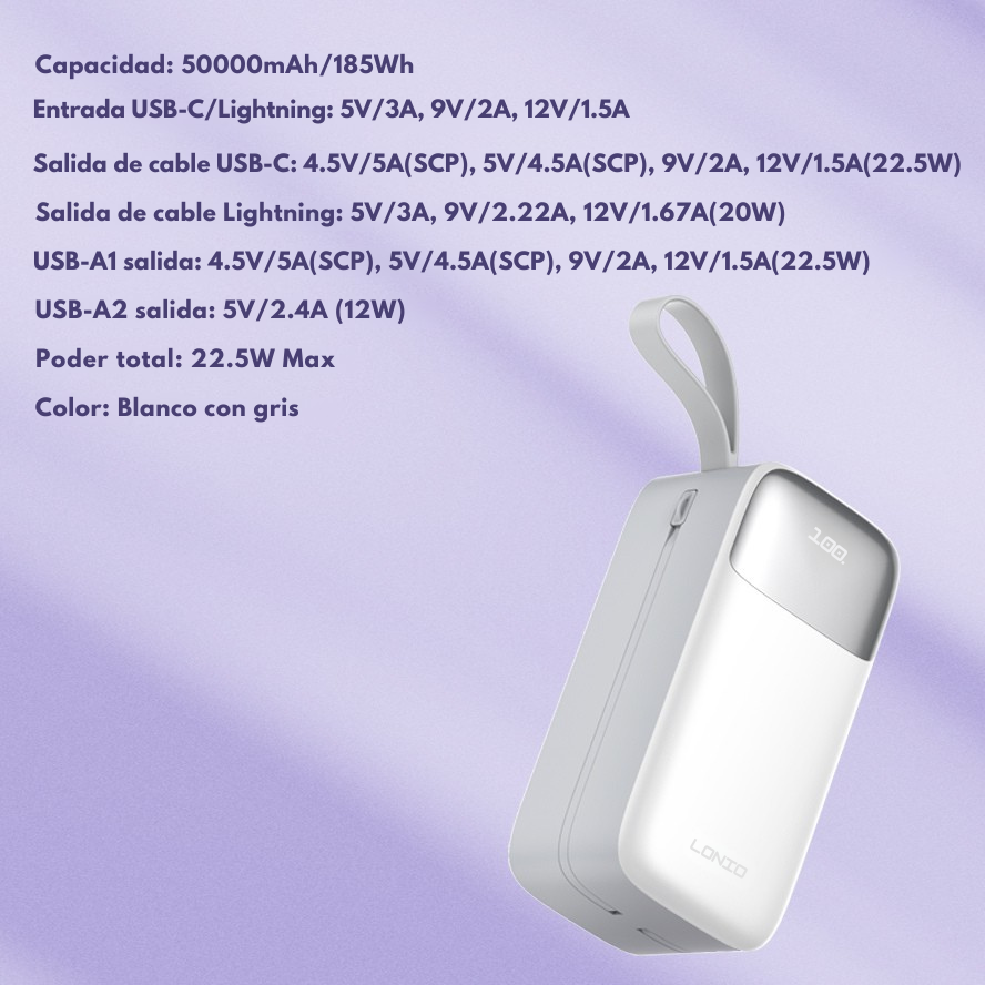 Power bank LDNIO PQ50 50000mAh con carga rápida y cables integrados – venta en Chile