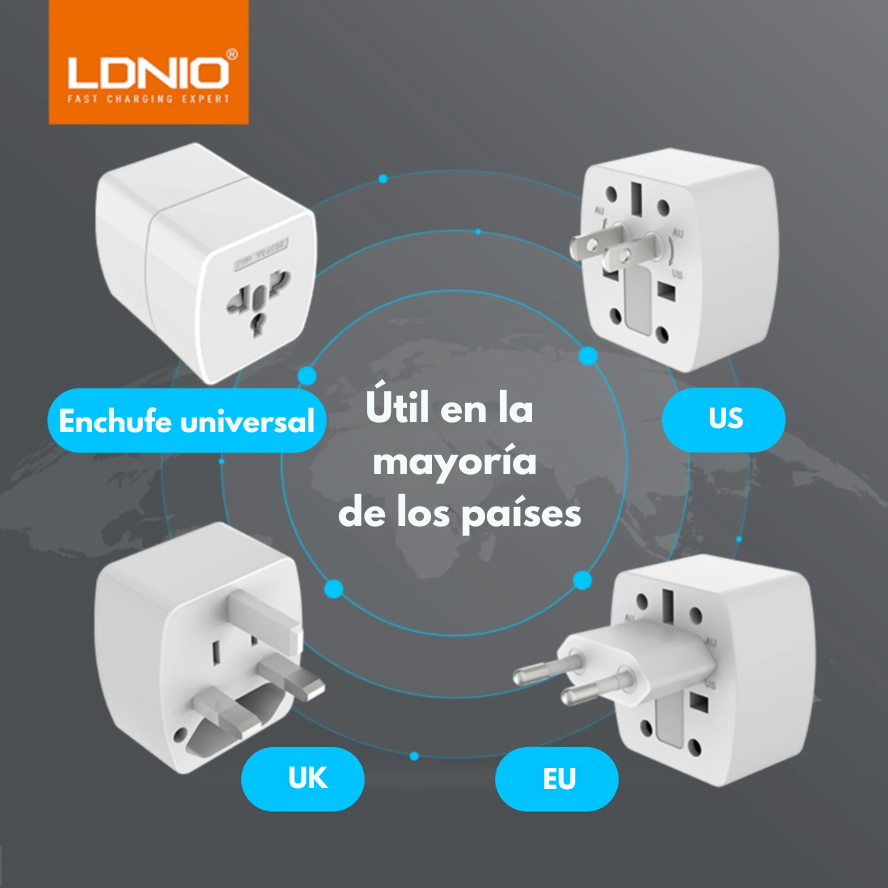 Adaptador de viaje universal LDNIO Z4 compatible con más de 150 países, seguro y compacto