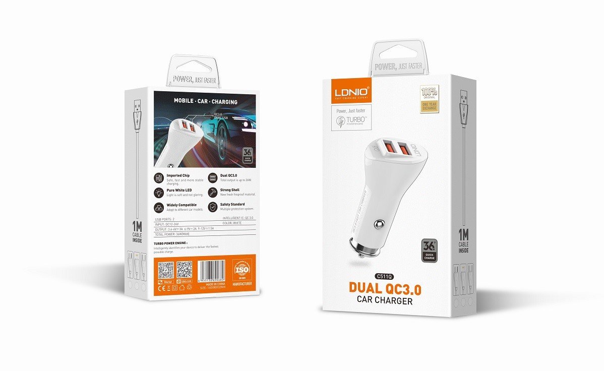 Cargador de auto rápido LDNIO C511Q con doble puerto USB-A QC3.0 y potencia de 36W, diseño compacto y seguro – venta en Chile