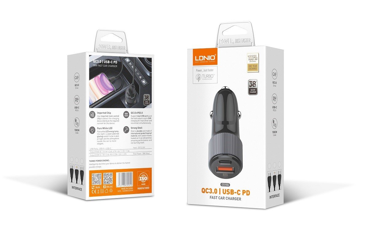 Cargador para auto LDNIO C510Q con carga rápida de 36W y puertos USB-C y USB-A, compatible con teléfonos y tablets – venta en Chile