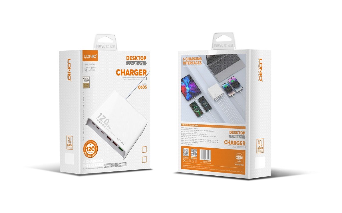 Cargador de escritorio LDNIO Q605 120W con 6 puertos USB-C y USB-A, carga rápida universal y protección múltiple – disponible en Chile
