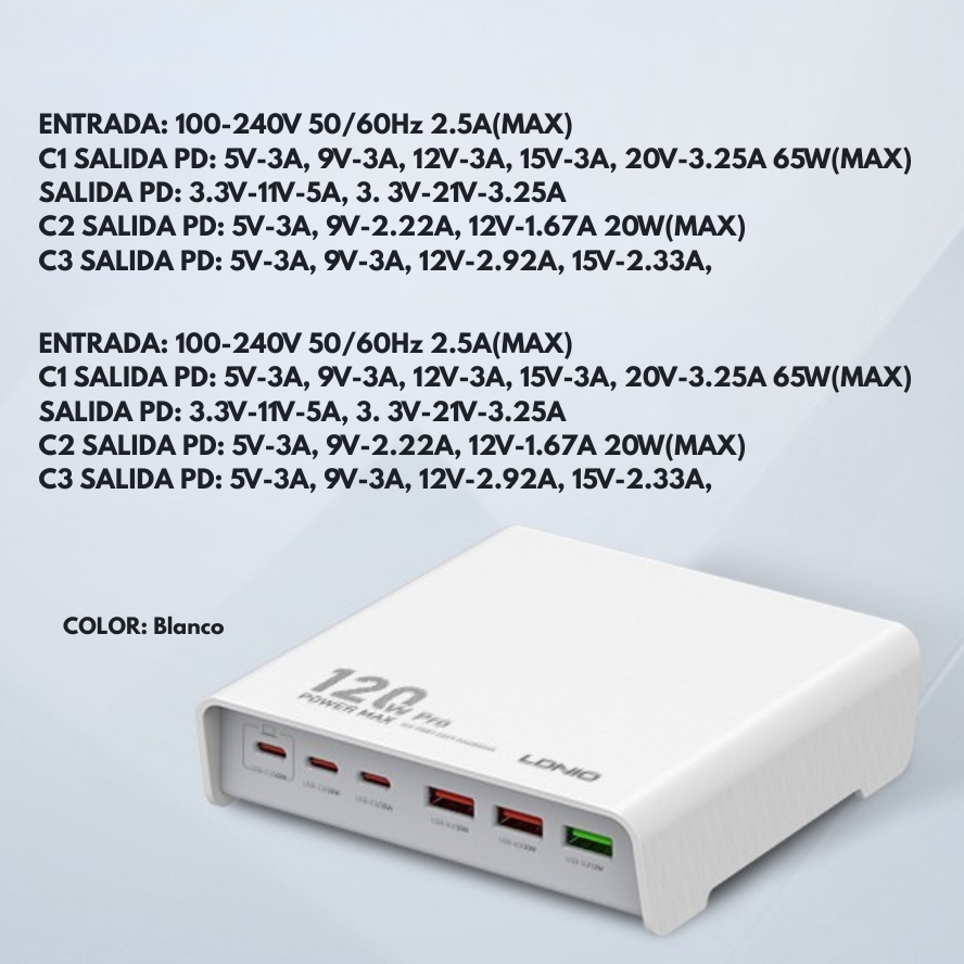 Cargador de escritorio LDNIO Q605 120W con 6 puertos USB-C y USB-A, carga rápida universal y protección múltiple – disponible en Chile