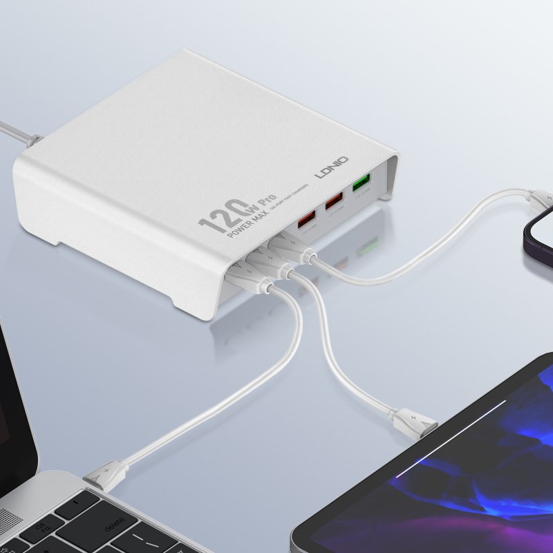 Cargador de escritorio LDNIO Q605 120W con 6 puertos USB-C y USB-A, carga rápida universal y protección múltiple – disponible en Chile