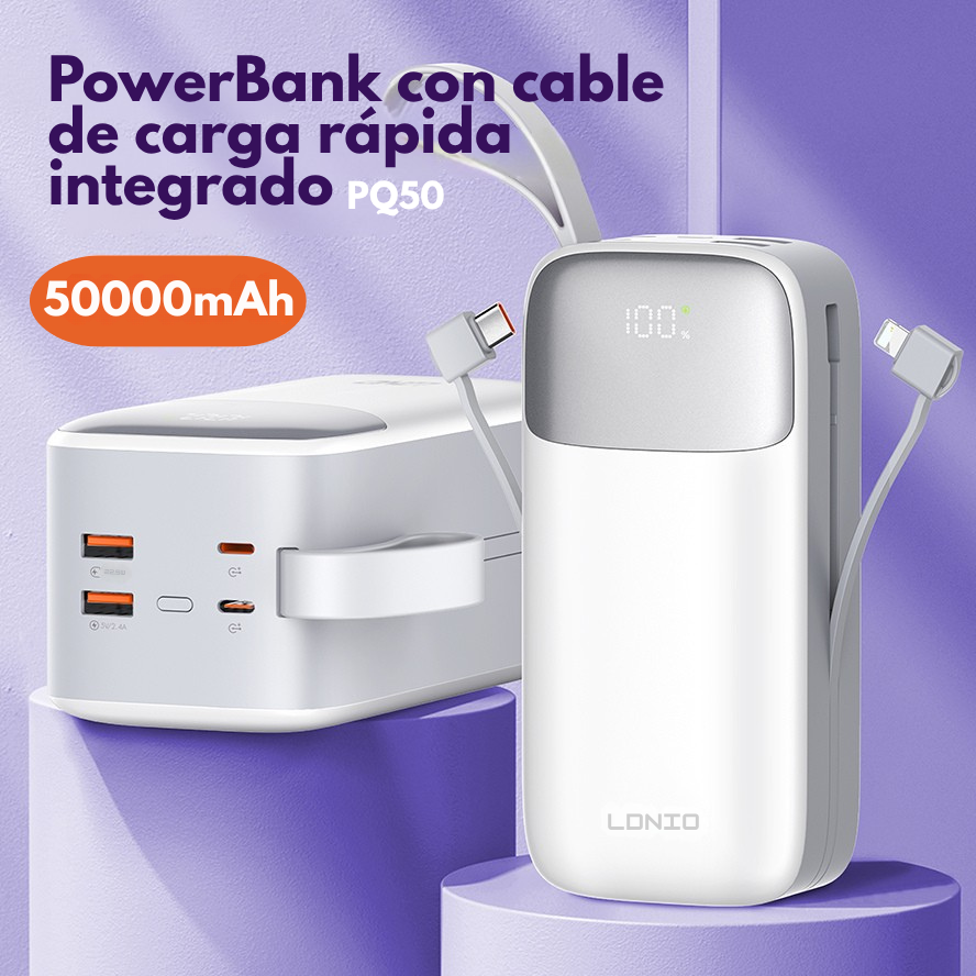 Power bank LDNIO PQ50 50000mAh con carga rápida y cables integrados – venta en Chile