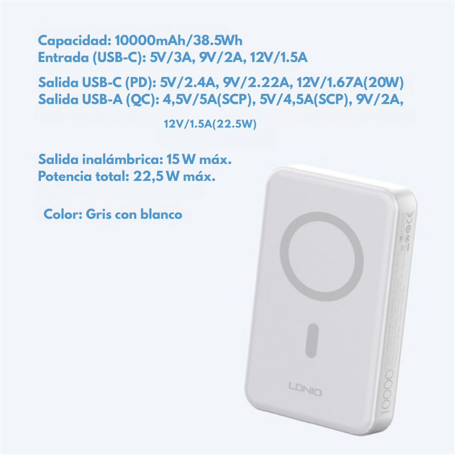 Power bank LDNIO PQ16 10.000mAh magnético con carga rápida inalámbrica y diseño ultra delgado – venta en Chile
