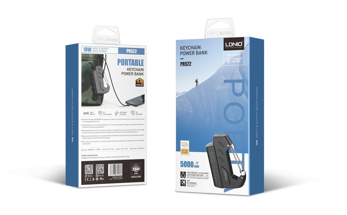 Power bank portátil LDNIO PR522 de 5000 mAh con carga rápida de 10W, llavero mosquetón y diseño ultraligero – venta en Chile