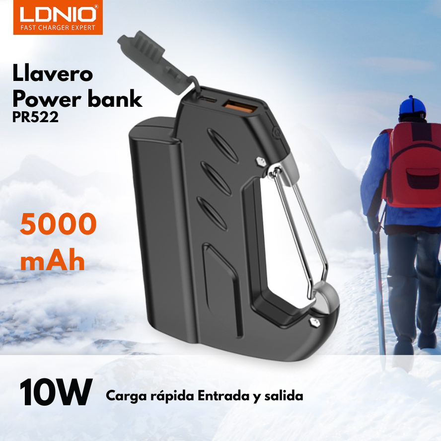 Power bank portátil LDNIO PR522 de 5000 mAh con carga rápida de 10W, llavero mosquetón y diseño ultraligero – venta en Chile