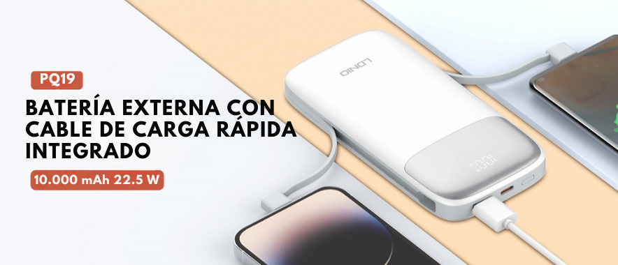 Power bank LDNIO PQ19 10000mAh carga rápida con cables integrados USB-C y Lightning