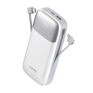 Power bank LDNIO PQ19 10000mAh carga rápida con cables integrados USB-C y Lightning