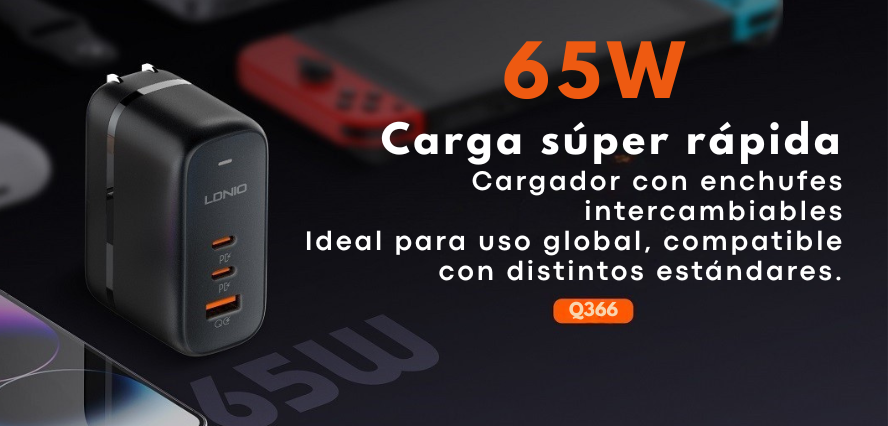 cargador GaN 65W LDNIO Q366 USB-C PD QC4 carga rápida laptop iPhone Android