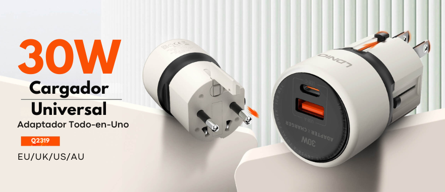 Cargador universal LDNIO Q2319 30W con pines retráctiles EU US UK AU y puertos USB-C USB-A carga rápida