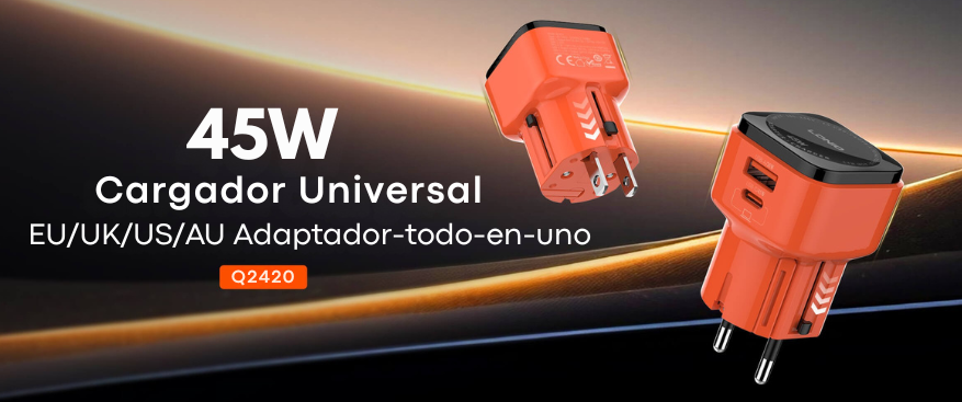 Cargador universal 45W LDNIO Q2420 USB-C con pines retráctiles internacionales para laptop y smartphone