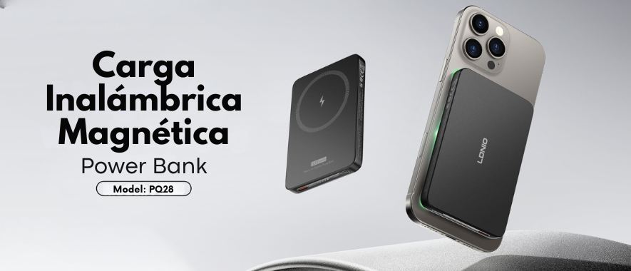 Power bank LDNIO PQ28 ultraliviano 5000mAh con carga inalámbrica magnética 15W y carga rápida USB-C Power Delivery 20W color gris