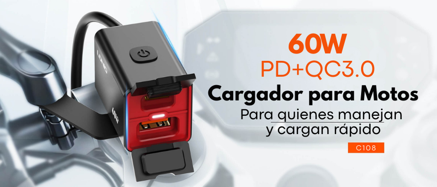 Cargador de moto impermeable LDNIO C108 60W con conexión directa a batería y carga rápida para smartphones