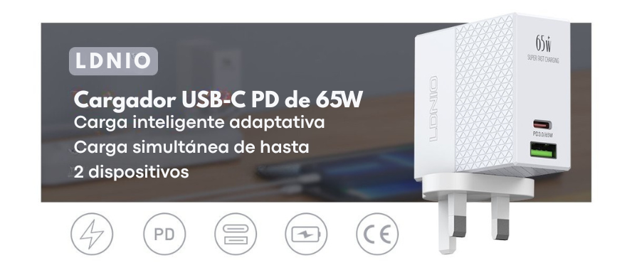 cargador LDNIO 65W USB-C PD carga rápida laptop MacBook iPhone Android