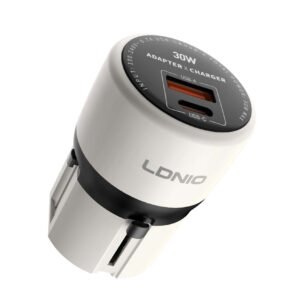 Cargador universal LDNIO Q2319 30W con pines retráctiles EU US UK AU y puertos USB-C USB-A carga rápida