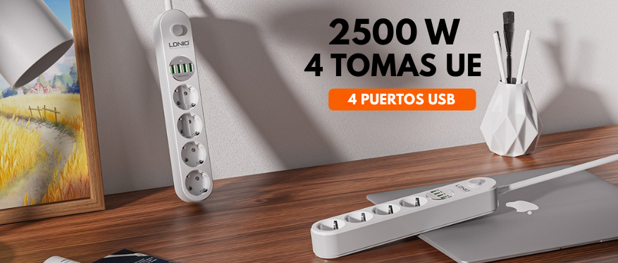 Alargador inteligente LDNIO SE4432 con 4 enchufes y puertos USB de carga rápida