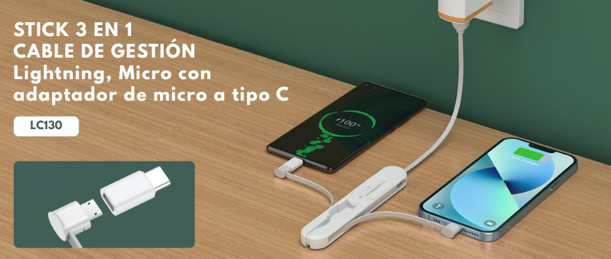 Cable 3 en 1 LDNIO LC130 con diseño tipo llavero, carga rápida de 3.8A y conectores Tipo-C, Lightning y Micro USB ideal para uso diario y viajes.