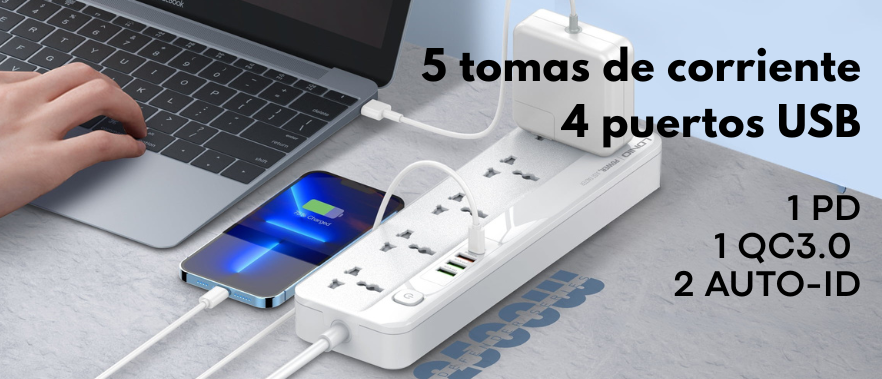 alargador eléctrica LDNIO SC5415 con 5 enchufes universales y puertos USB de carga rápida