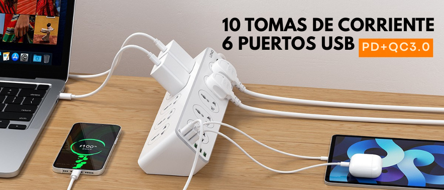 Alargador inteligente LDNIO SC10610 con 10 tomas y puertos USB de carga rápida