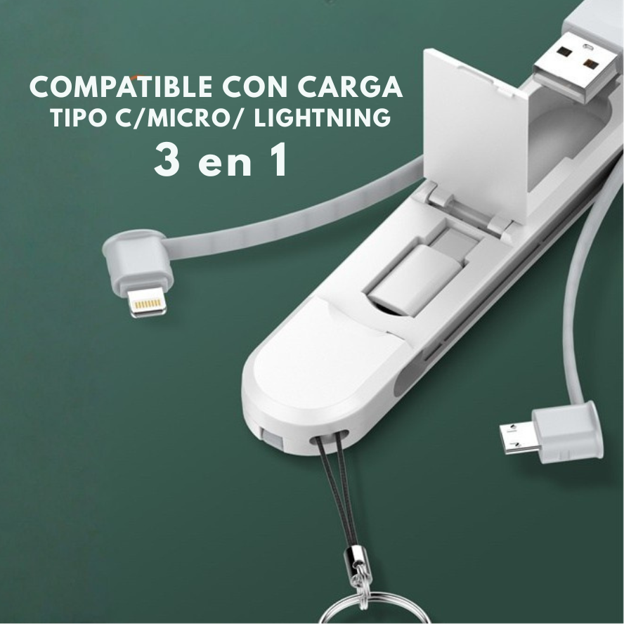 Cable 3 en 1 LDNIO LC130 con diseño tipo llavero, carga rápida de 3.8A y conectores Tipo-C, Lightning y Micro USB ideal para uso diario y viajes.
