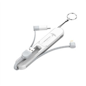 Cable 3 en 1 LDNIO LC130 con diseño tipo llavero, carga rápida de 3.8A y conectores Tipo-C, Lightning y Micro USB ideal para uso diario y viajes.
