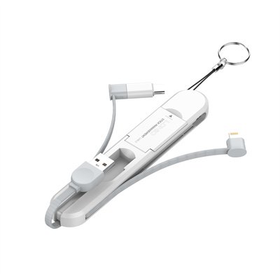 Cable 3 en 1 LDNIO LC130 con diseño tipo llavero, carga rápida de 3.8A y conectores Tipo-C, Lightning y Micro USB ideal para uso diario y viajes.