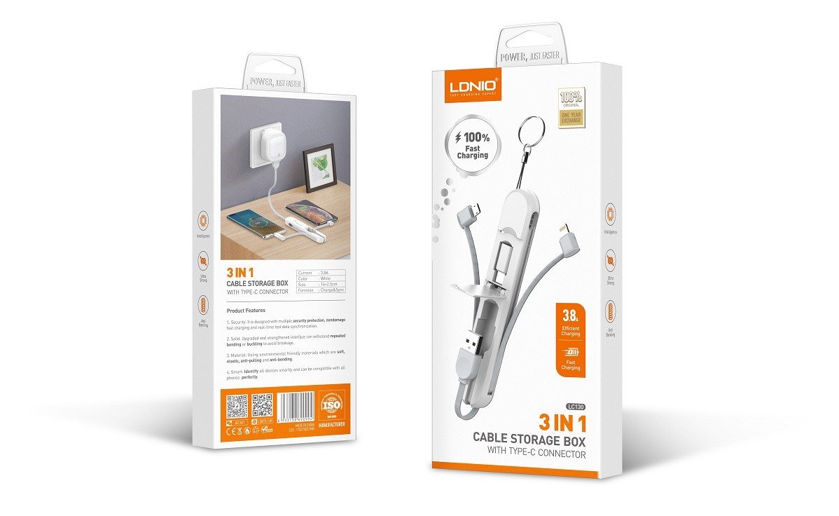 Cable 3 en 1 LDNIO LC130 con diseño tipo llavero, carga rápida de 3.8A y conectores Tipo-C, Lightning y Micro USB ideal para uso diario y viajes.